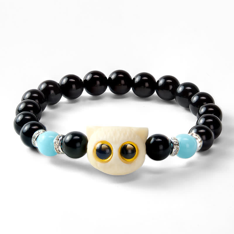 Buddha Stones 黒曜石の手彫りビッグアイキャットレリーフビーズブレスレット - image 24