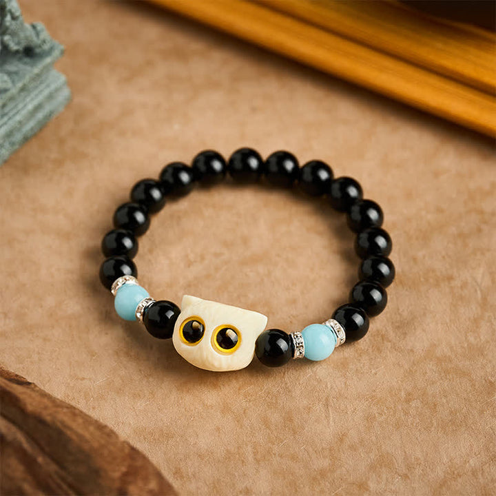 Buddha Stones 黒曜石の手彫りビッグアイキャットレリーフビーズブレスレット - image 20