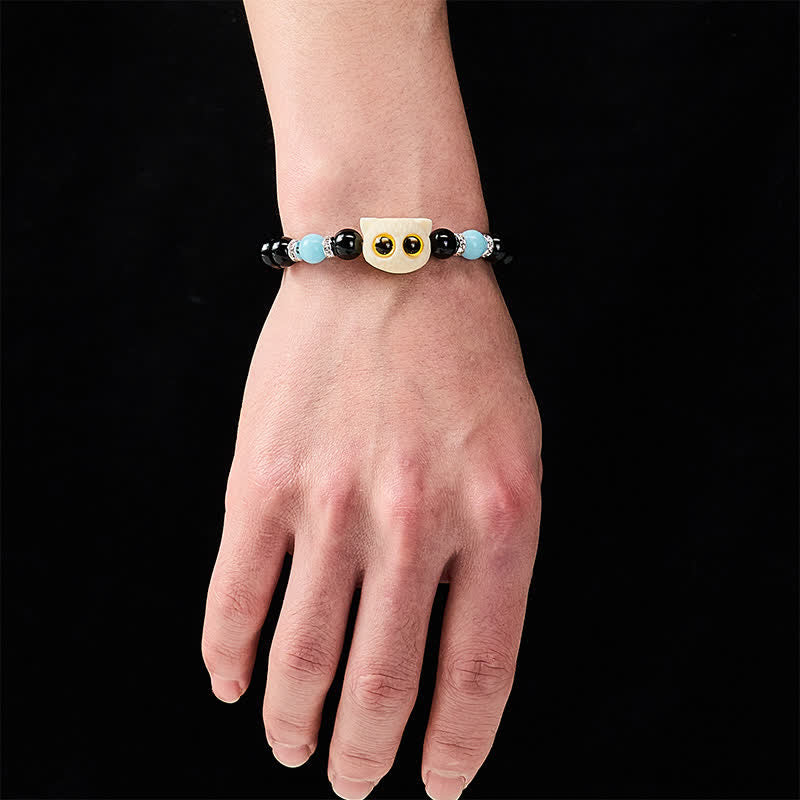 Buddha Stones 黒曜石の手彫りビッグアイキャットレリーフビーズブレスレット - image 19