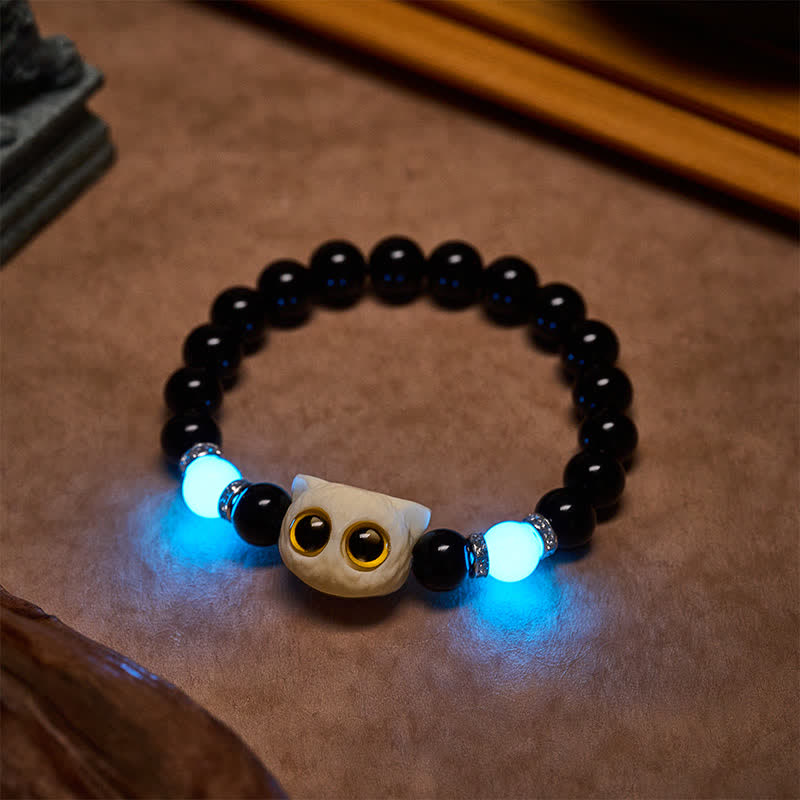 Buddha Stones 黒曜石の手彫りビッグアイキャットレリーフビーズブレスレット - image 21