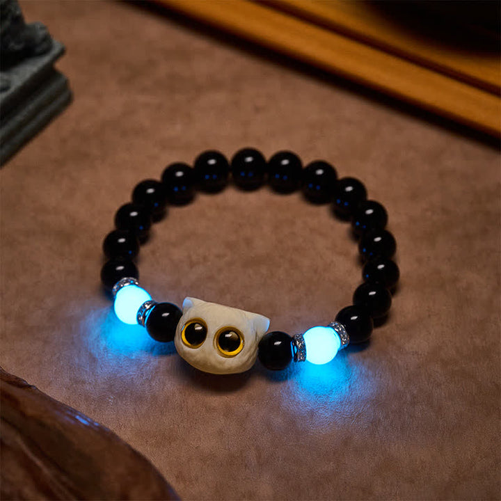 Buddha Stones 黒曜石の手彫りビッグアイキャットレリーフビーズブレスレット - image 21