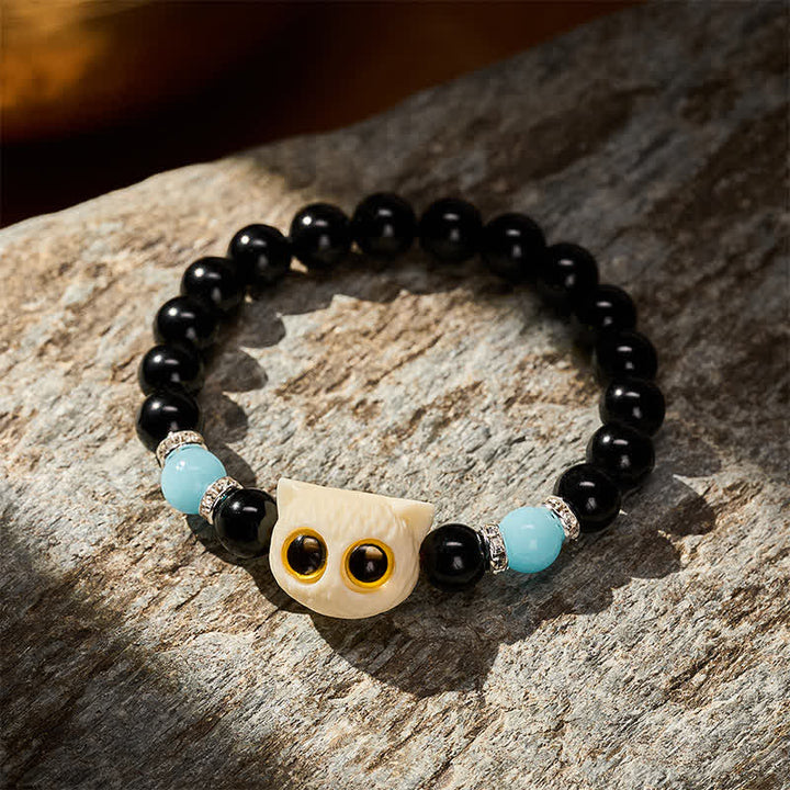 Buddha Stones 黒曜石の手彫りビッグアイキャットレリーフビーズブレスレット - image 17