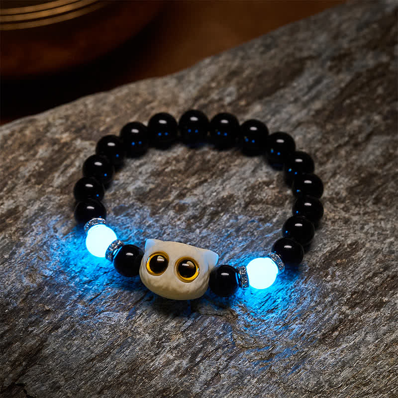 Buddha Stones 黒曜石の手彫りビッグアイキャットレリーフビーズブレスレット - image 18
