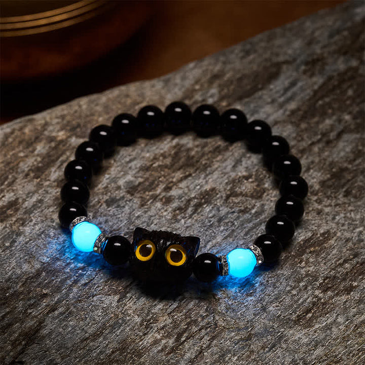 Buddha Stones 黒曜石の手彫りビッグアイキャットレリーフビーズブレスレット - image 10