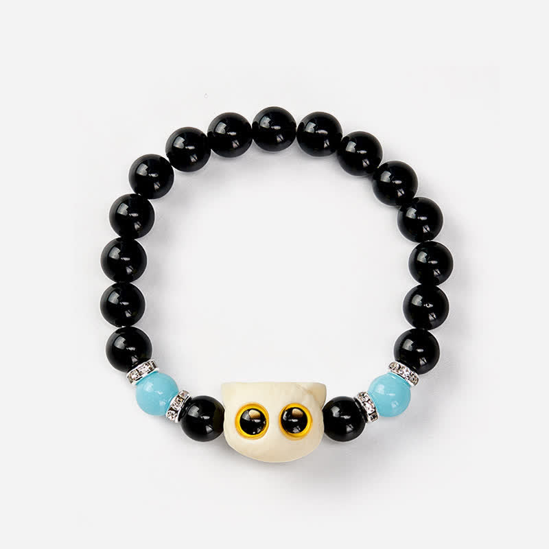 Buddha Stones 黒曜石の手彫りビッグアイキャットレリーフビーズブレスレット - image 23