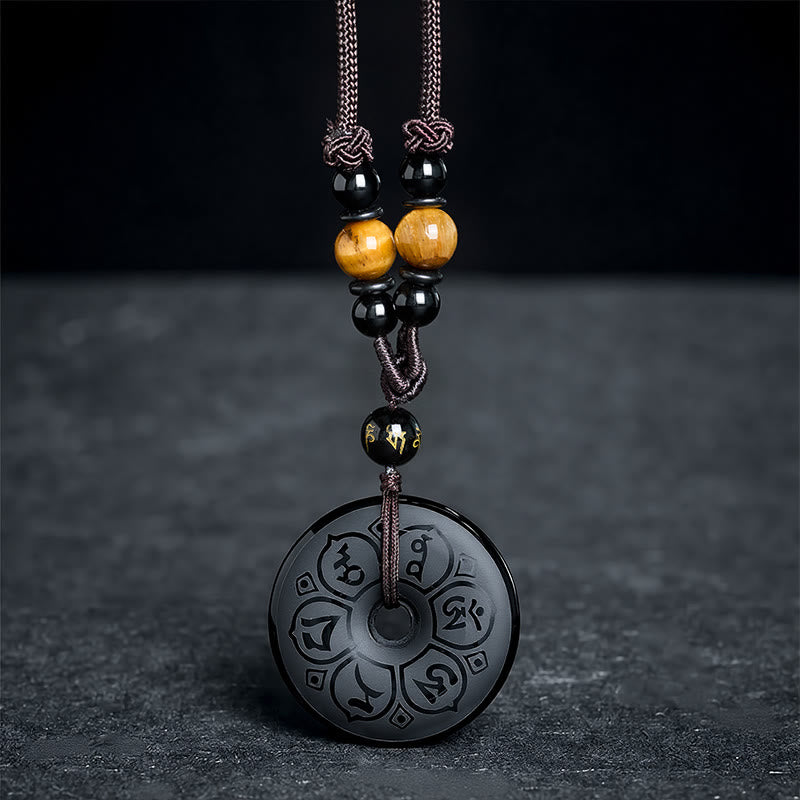Buddha Stones 黒曜石の平和のお守りチャーム付きプロテクション刻印入り編み込みネックレス - image 15