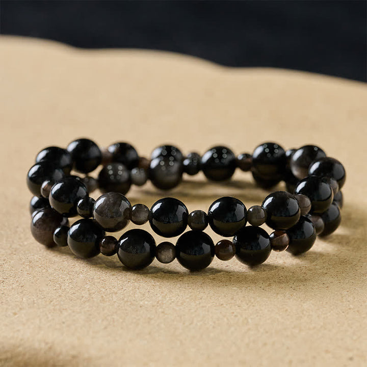 Buddha Stones 黒曜石製シングル・ダブルレイヤー・ラウンドビーズ・守護ブレスレット - 10mm ブラックオブシディアン - ダブルラップ - image 8