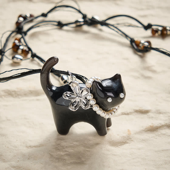 Buddha Stones 樹脂製黒茶色猫花パールビーズピースネックレス - 黒猫 - image 6