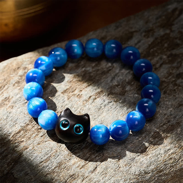 Buddha Stones 青い樹脂ビーズと黒檀猫型バランスブレスレット - image 3