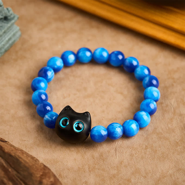 Buddha Stones 青い樹脂ビーズと黒檀猫型バランスブレスレット - 10 mm（手首周り：6.3～6.7インチ / 16～17cm） - image 9