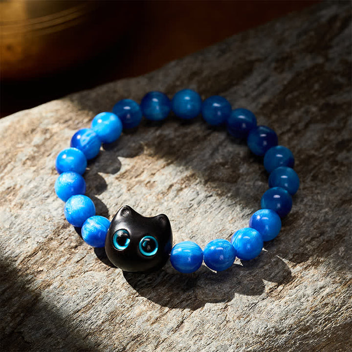 Buddha Stones 青い樹脂ビーズと黒檀猫型バランスブレスレット - image 12