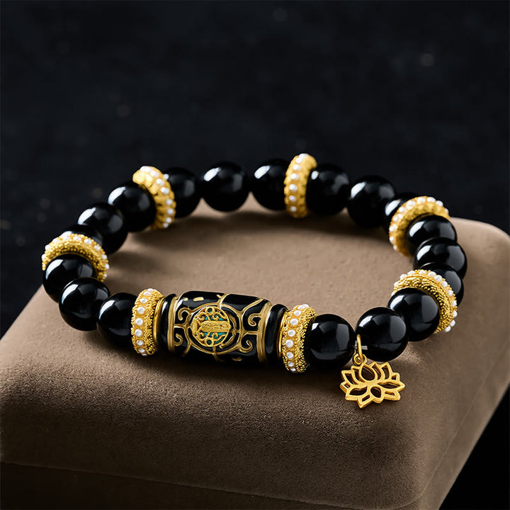 Buddha Stones 黒曜石樹脂製バレルビーズ蓮ペンダント付きラウンドビーズブレスレット - image 1