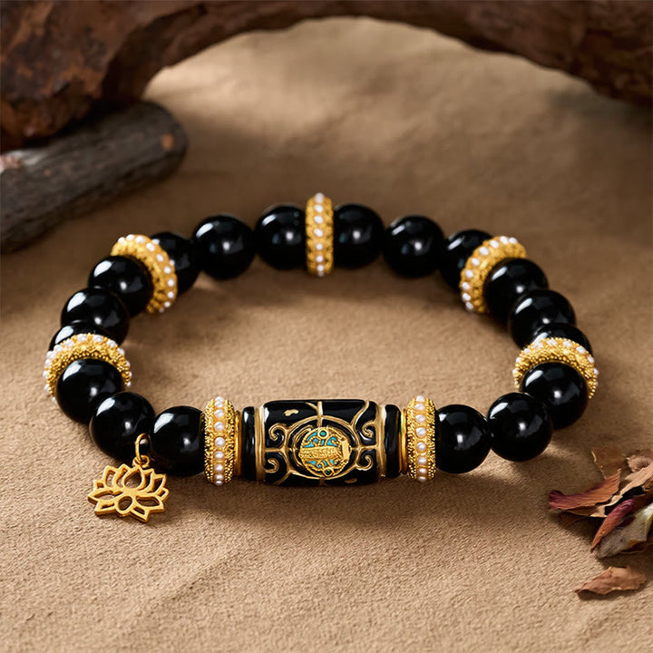 Buddha Stones 黒曜石樹脂製バレルビーズ蓮ペンダント付きラウンドビーズブレスレット - image 2