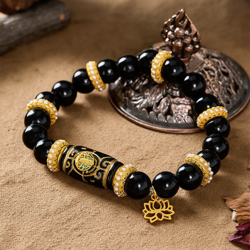 Buddha Stones 黒曜石樹脂製バレルビーズ蓮ペンダント付きラウンドビーズブレスレット - image 3