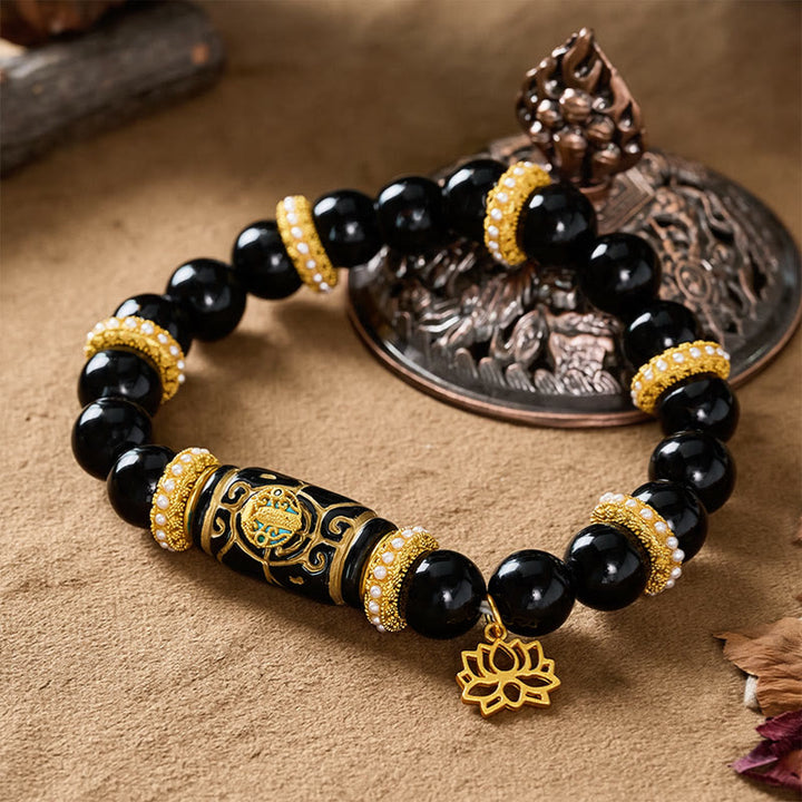 Buddha Stones 黒曜石樹脂製バレルビーズ蓮ペンダント付きラウンドビーズブレスレット - image 3