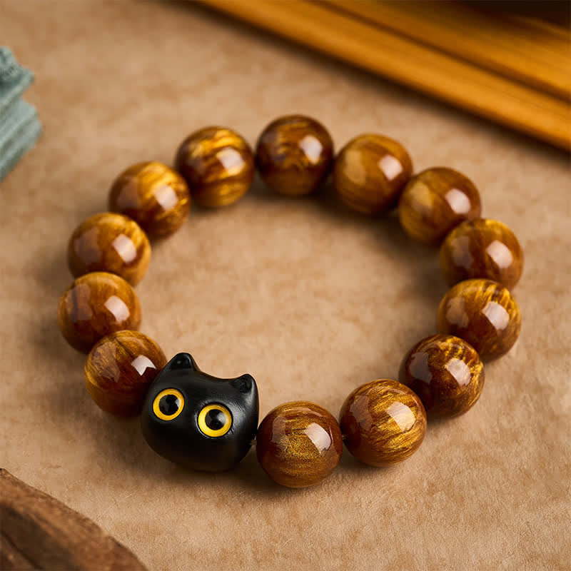 Buddha Stones 黄色の樹脂ビーズ、黄色の目、黒檀猫モチーフの落ち着いたブレスレット - 16mm（手首周り：7.5～7.9インチ／19～20cm） - image 9