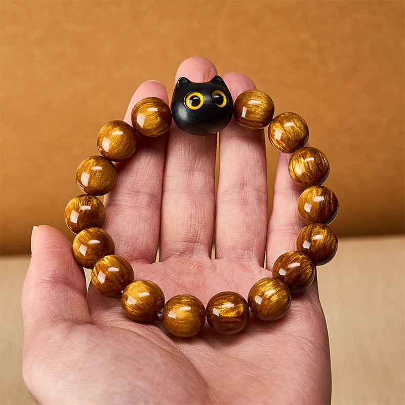 Buddha Stones 黄色の樹脂ビーズ、黄色の目、黒檀猫モチーフの落ち着いたブレスレット - image 5