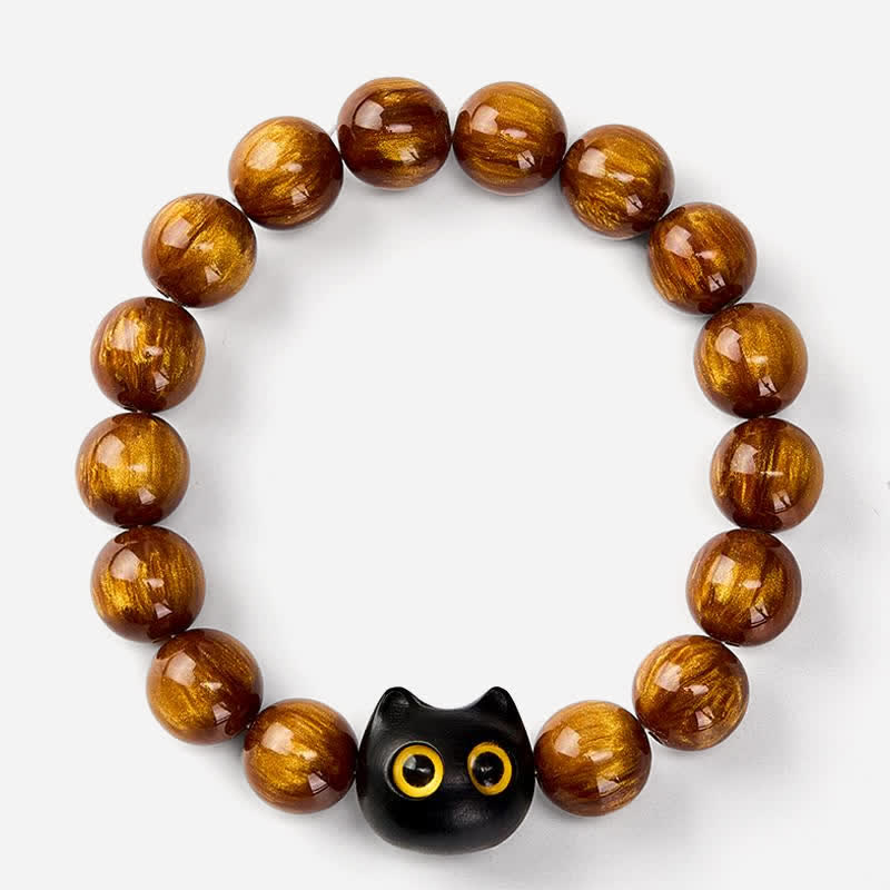 Buddha Stones 黄色の樹脂ビーズ、黄色の目、黒檀猫モチーフの落ち着いたブレスレット - image 2