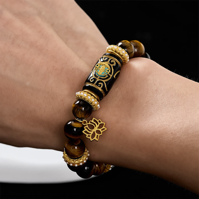 Buddha Stones 天然イエロータイガーアイ樹脂バレルビーズロータスペンダントコンフィデンスラウンドビーズブレスレット - image 4