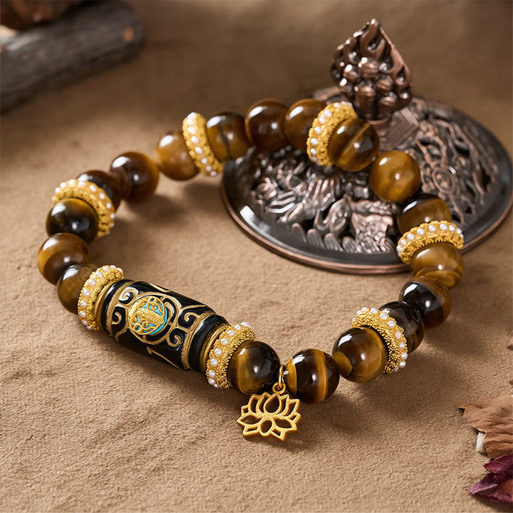 Buddha Stones 天然イエロータイガーアイ樹脂バレルビーズロータスペンダントコンフィデンスラウンドビーズブレスレット - image 3