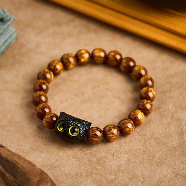 Buddha Stones 黄色の樹脂ビーズと黒檀猫のピースブレスレット - 10 mm（手首周り：6.3～6.7インチ / 16～17cm） - image 0