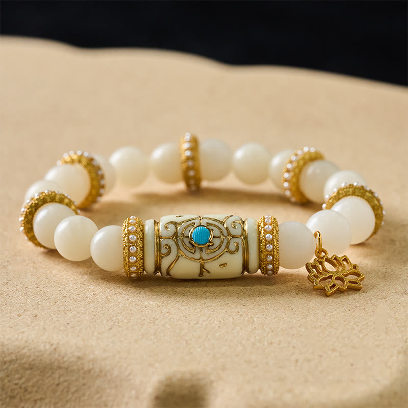 Buddha Stones ホワイト菩提樹の種子樹脂製バレルビーズ蓮のペンダント付きラウンド瞑想ブレスレット - image 1