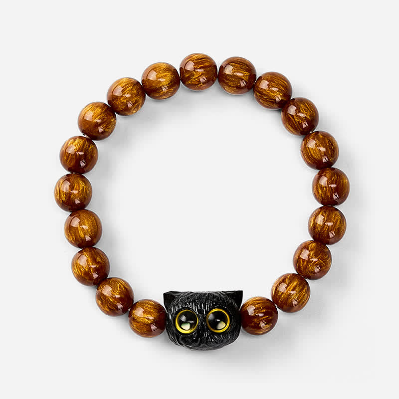 Buddha Stones 黄色の樹脂ビーズと黒檀猫のピースブレスレット - image 3