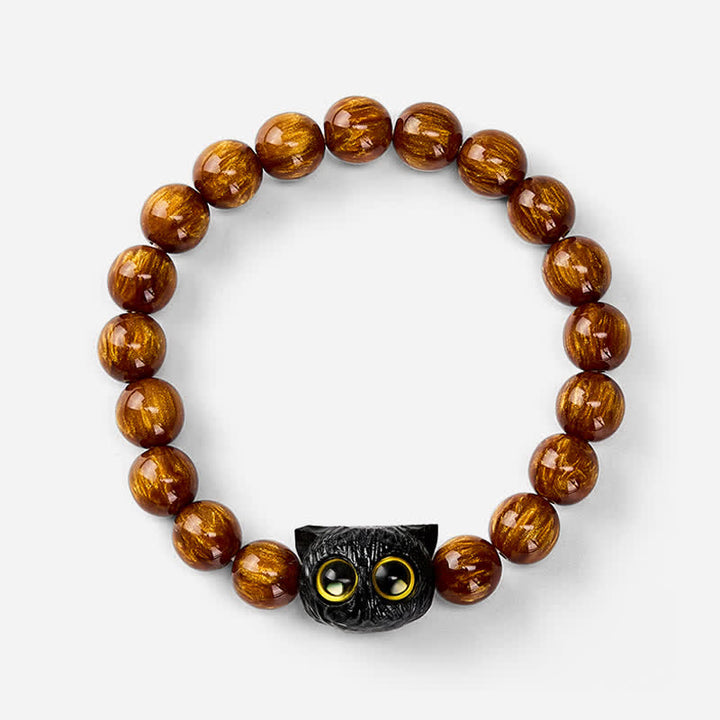 Buddha Stones 黄色の樹脂ビーズと黒檀猫のピースブレスレット - image 3