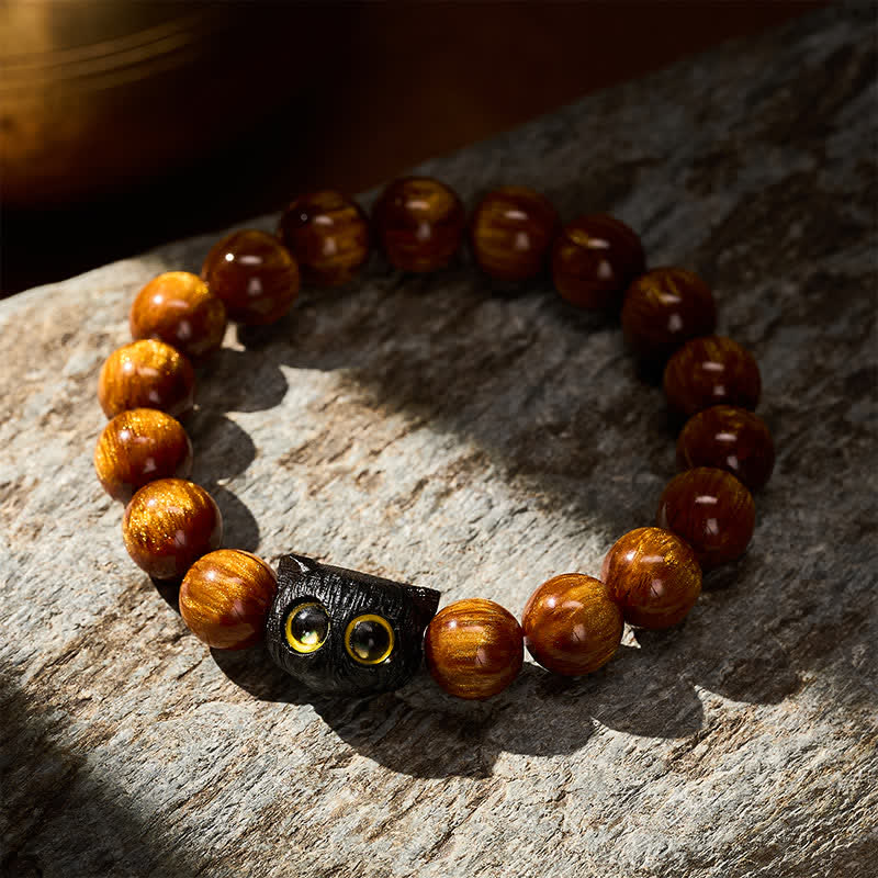 Buddha Stones 黄色の樹脂ビーズと黒檀猫のピースブレスレット - image 11