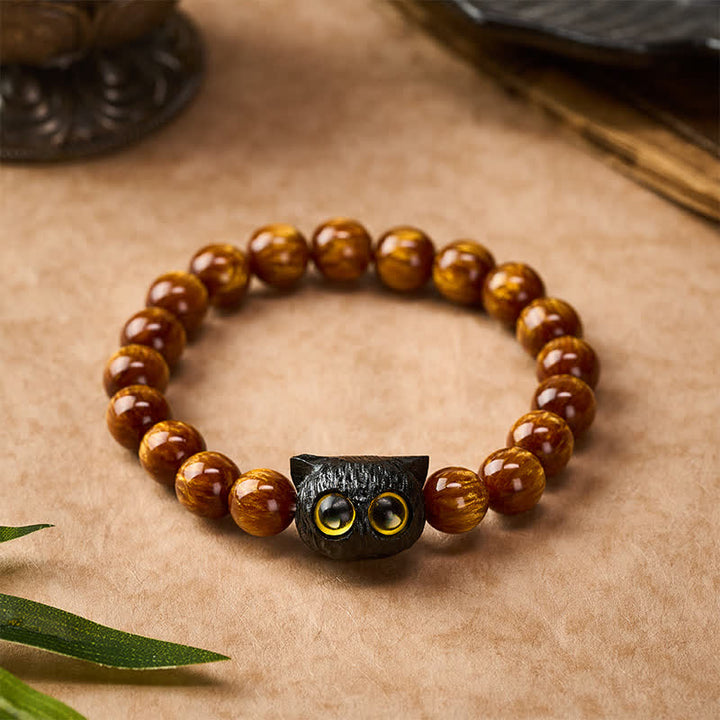 Buddha Stones 黄色の樹脂ビーズと黒檀猫のピースブレスレット - image 1