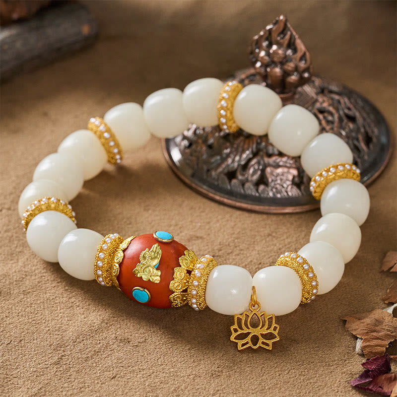 Buddha Stones 白い菩提樹の実、チベット彫刻入りオレンジの楕円形蓮のペンダント、良縁祈願のビーズブレスレット - image 2