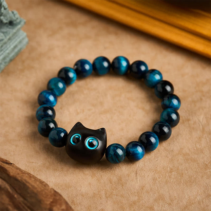 Buddha Stones ブルータイガーアイと黒檀の猫の強さブレスレット - 10 mm（手首周り：6.3～6.7インチ / 16～17cm） - image 0