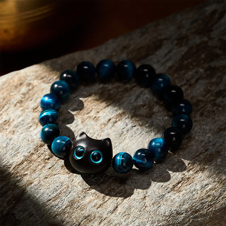 Buddha Stones ブルータイガーアイと黒檀の猫の強さブレスレット - image 3