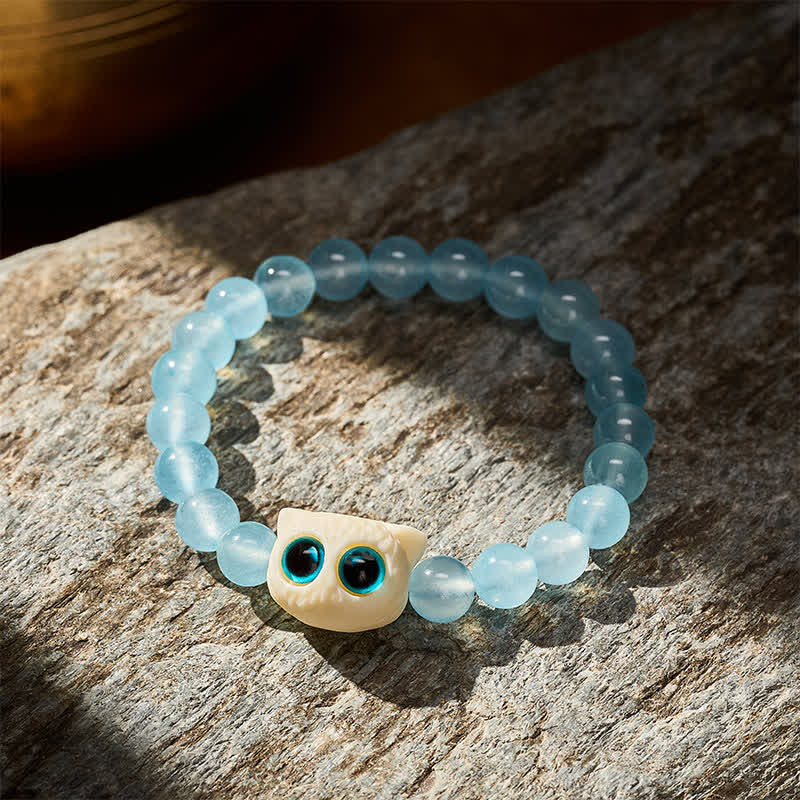 Buddha Stones ブルーカルセドニーアイボリーフルーツキャットパワーブレスレット - image 3