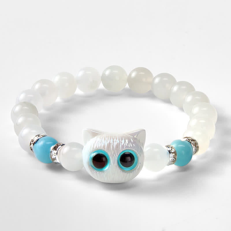 Buddha Stones ホワイトジェイドとブラックオブシディアンを使った猫の頭モチーフのピュリティビーズブレスレット - image 10
