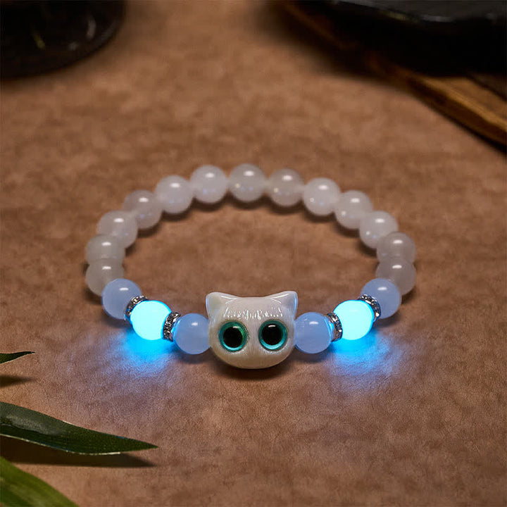 Buddha Stones ホワイトジェイドとブラックオブシディアンを使った猫の頭モチーフのピュリティビーズブレスレット - 白翡翠（手首周り：15～16cm） - image 1