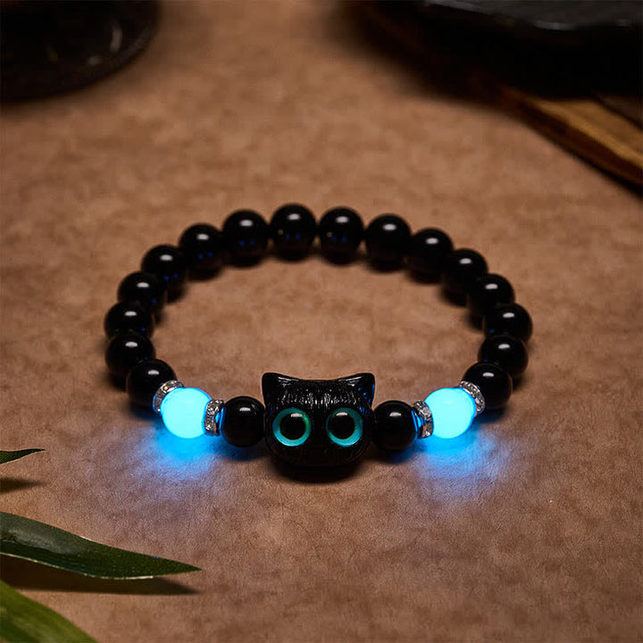 Buddha Stones ホワイトジェイドとブラックオブシディアンを使った猫の頭モチーフのピュリティビーズブレスレット - 黒曜石（手首周り：15～16cm） - image 13