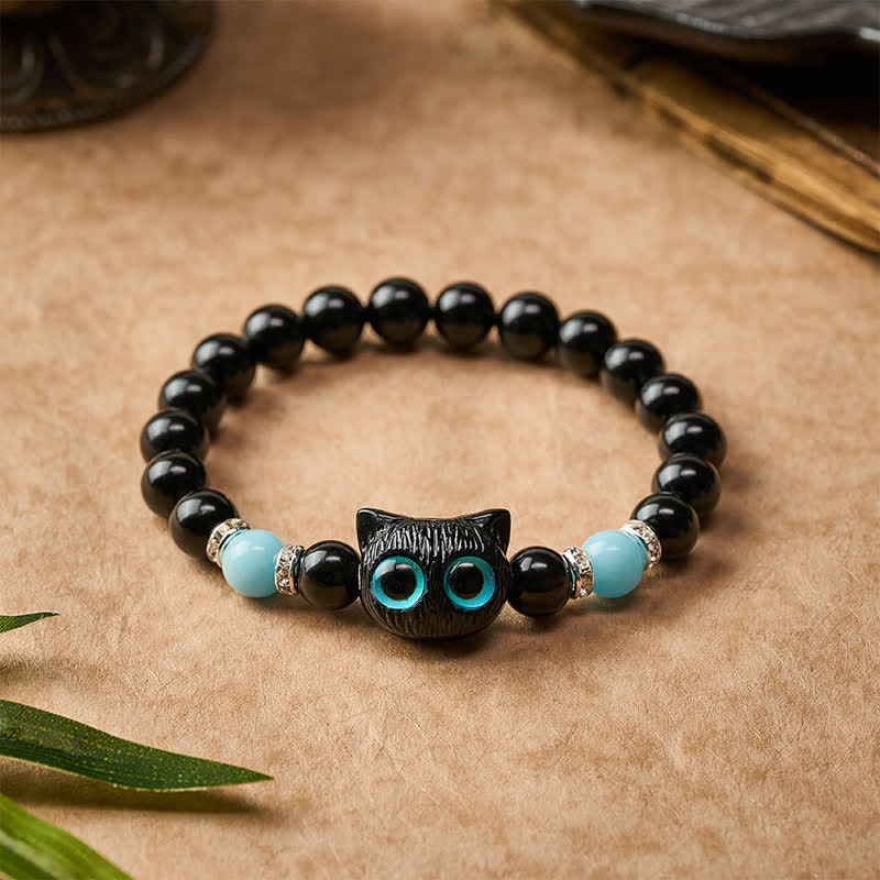 Buddha Stones ホワイトジェイドとブラックオブシディアンを使った猫の頭モチーフのピュリティビーズブレスレット - image 19