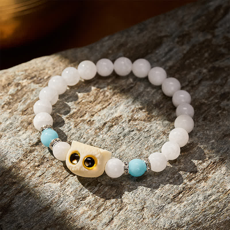 Buddha Stones 黒曜石と白玉の玉虫玉、大きな目の猫の頭のピュリティビーズブレスレット - image 8