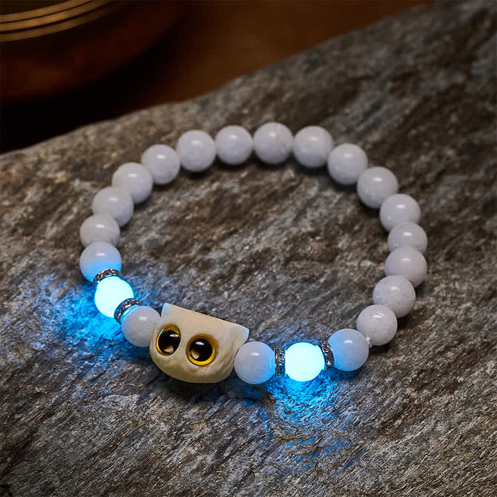 Buddha Stones 黒曜石と白玉の玉虫玉、大きな目の猫の頭のピュリティビーズブレスレット - image 4