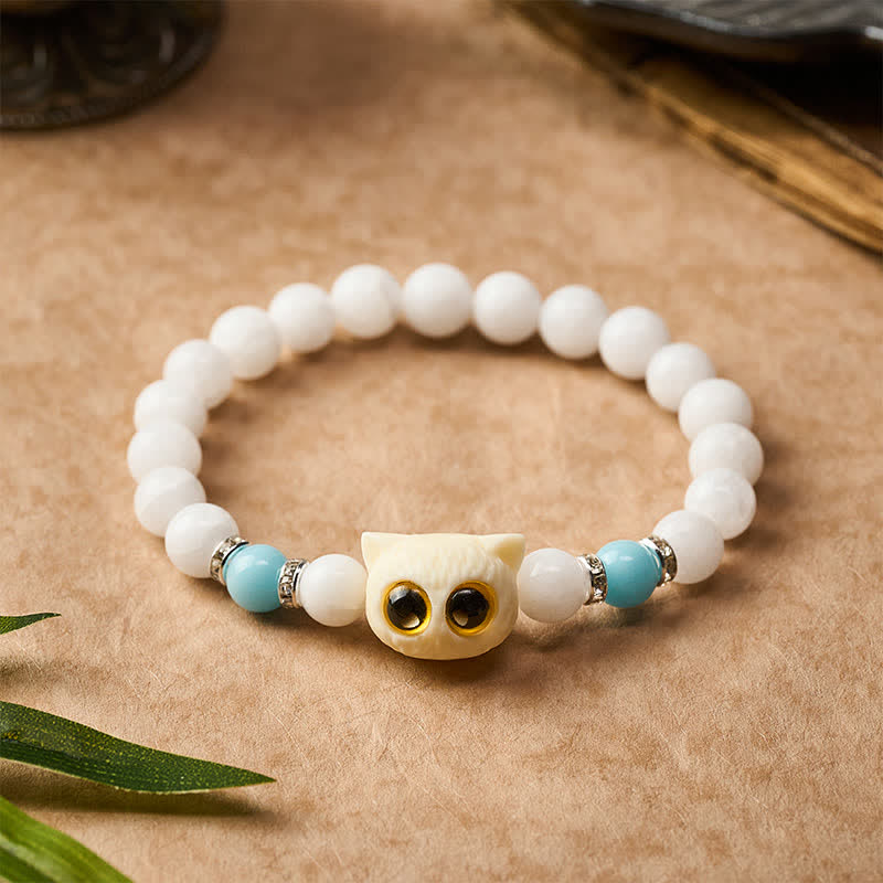 Buddha Stones 黒曜石と白玉の玉虫玉、大きな目の猫の頭のピュリティビーズブレスレット - image 3