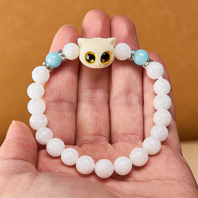Buddha Stones 黒曜石と白玉の玉虫玉、大きな目の猫の頭のピュリティビーズブレスレット - image 6