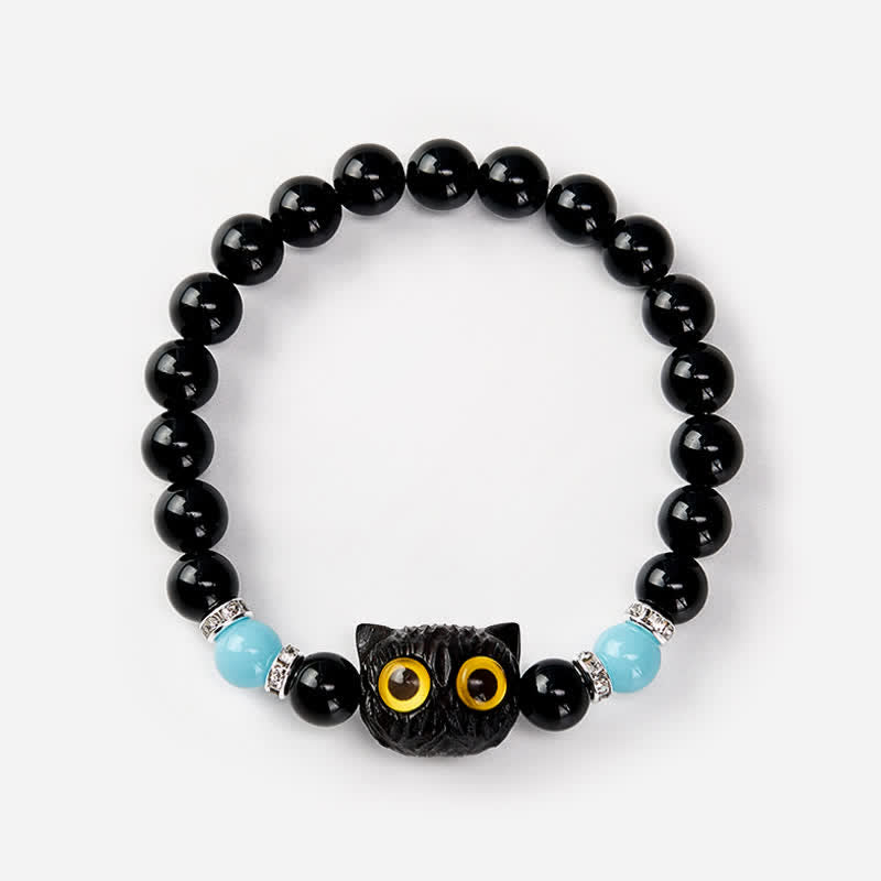 Buddha Stones 黒曜石と白玉の玉虫玉、大きな目の猫の頭のピュリティビーズブレスレット - image 17