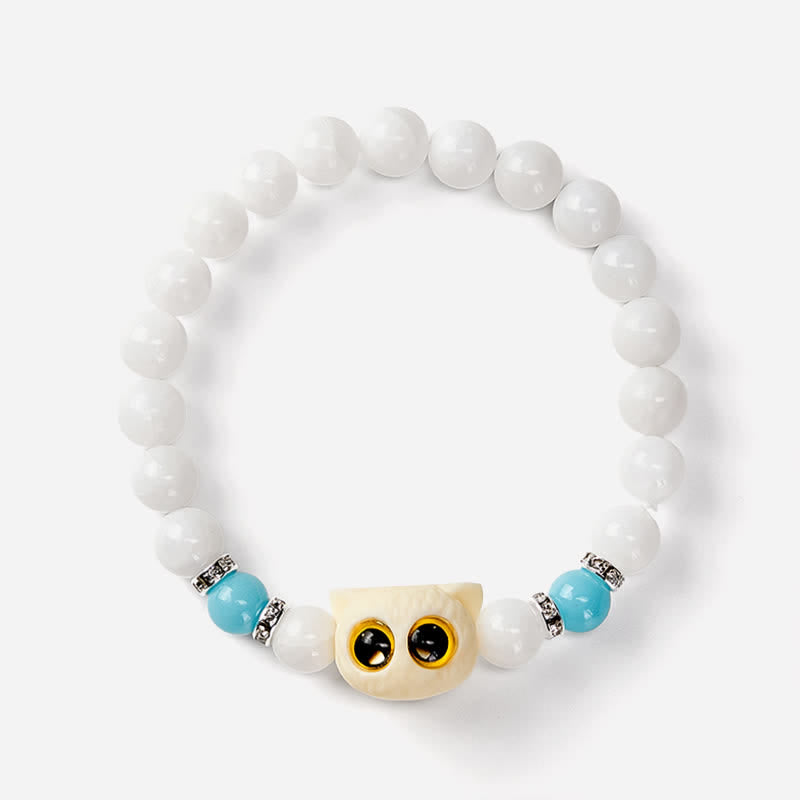 Buddha Stones 黒曜石と白玉の玉虫玉、大きな目の猫の頭のピュリティビーズブレスレット - image 9