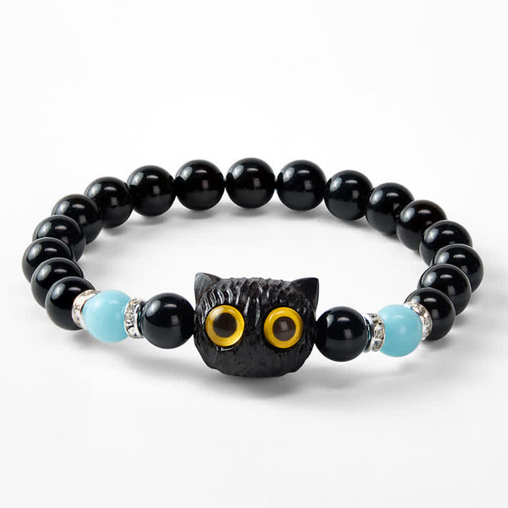 Buddha Stones 黒曜石と白玉の玉虫玉、大きな目の猫の頭のピュリティビーズブレスレット - image 23