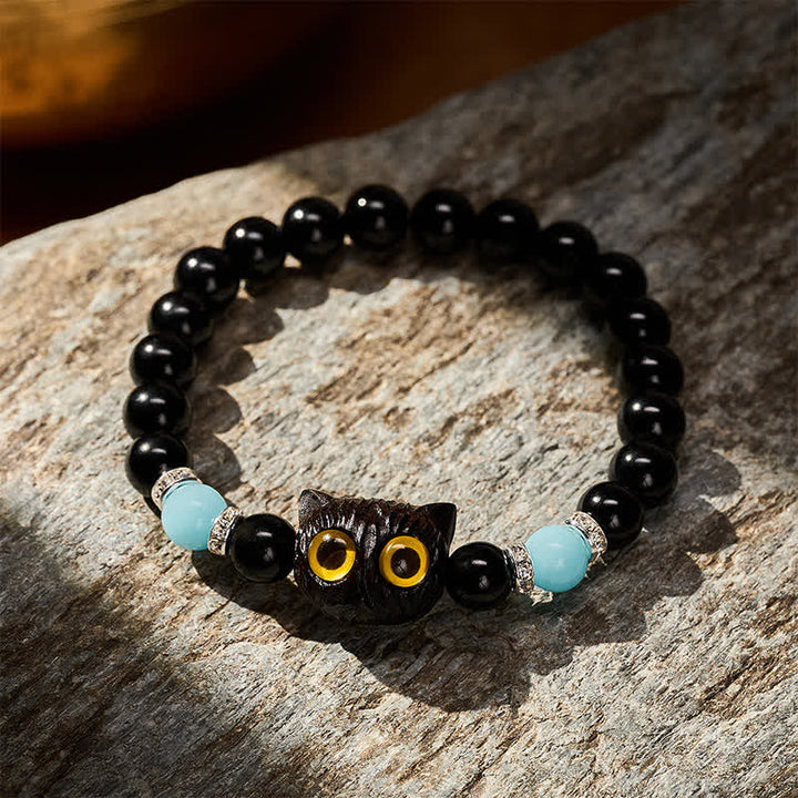 Buddha Stones 黒曜石と白玉の玉虫玉、大きな目の猫の頭のピュリティビーズブレスレット - image 21
