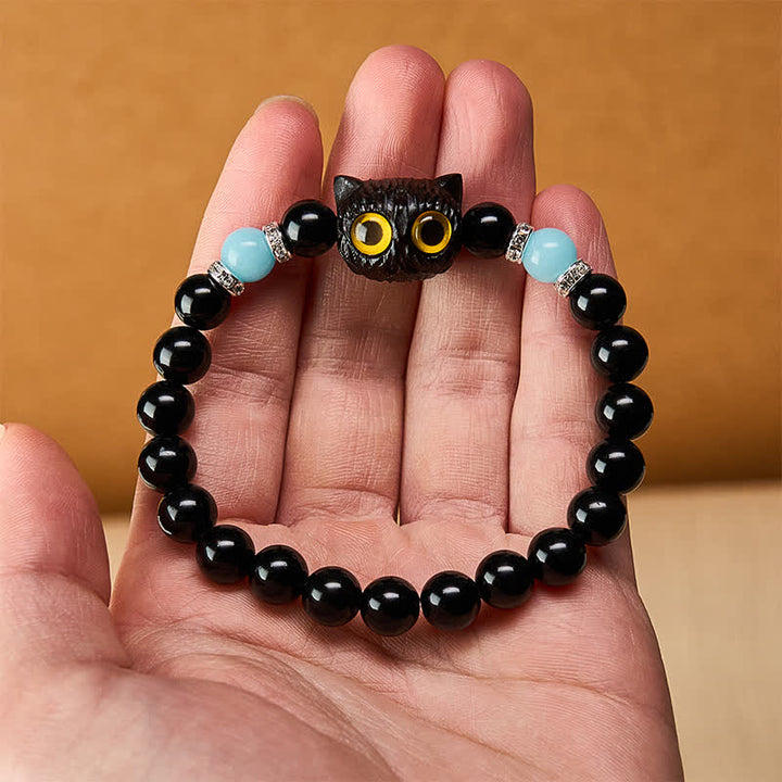 Buddha Stones 黒曜石と白玉の玉虫玉、大きな目の猫の頭のピュリティビーズブレスレット - image 20