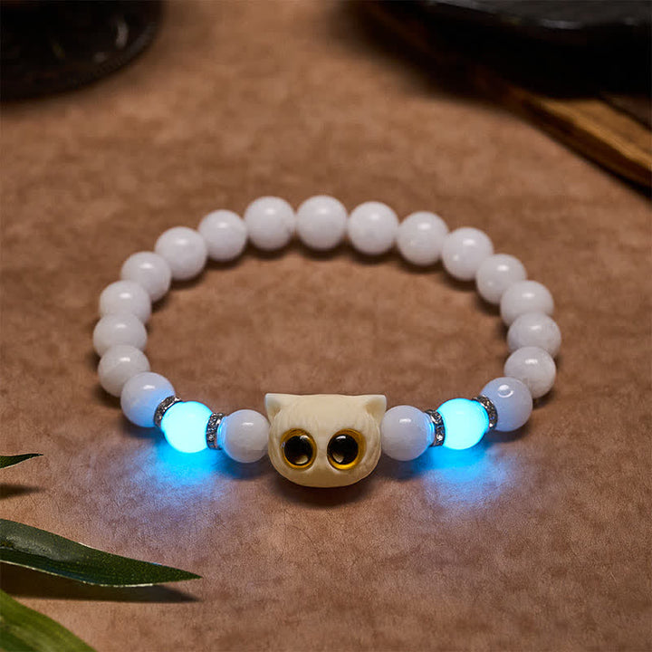 Buddha Stones 黒曜石と白玉の玉虫玉、大きな目の猫の頭のピュリティビーズブレスレット - ホワイトカルセドニー（手首周り：15～16cm） - 8mm - image 1
