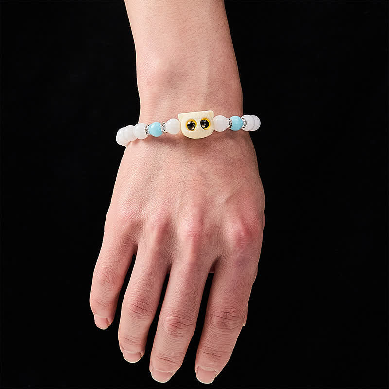 Buddha Stones 黒曜石と白玉の玉虫玉、大きな目の猫の頭のピュリティビーズブレスレット - image 5