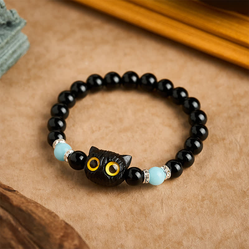 Buddha Stones 黒曜石と白玉の玉虫玉、大きな目の猫の頭のピュリティビーズブレスレット - image 16